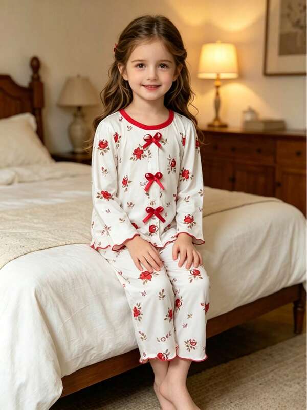 Girls Long Sleeve Pajama Set, Spring Autumn Winter, Vintage Red Rose All-Over Print, Red Bow, 2 Pieces Loungewear Set