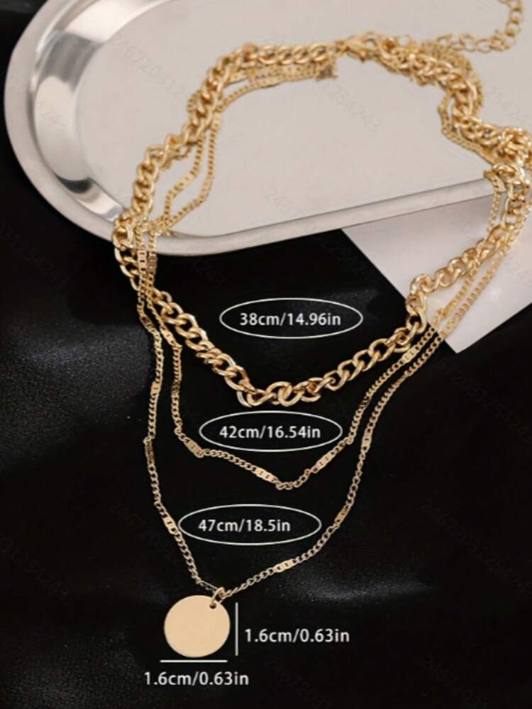 1pc Fashion Textured Multi-Layer Stacked Round Pendant Necklace For Women, Minimalist Commuter Versatile Neck Accessory Suitable For Daily, Holiday, Vacation, Party And Gathering Wear, Gift Accessory - Yellow Gold - View 4