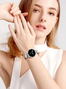 Galaxy Watch 8 錶帶 + 錶殼，1 條銀色男女通用優雅金屬錶帶鑲嵌立方鋯石 + 1 個鑲嵌立方鋯石錶殼（不含螢幕保護貼），適用 Galaxy Watch 8 40mm 與 44mm 手錶，可調節替換錶帶配件，適合男女運動手錶錶帶 - 黑色銀+殼 - 查看 5
