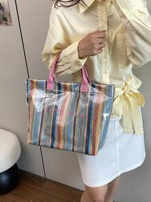 Large Capacity Letter Decor PVC Waterproof Woven Straw Tote Bag, Multi-Functional Commute Casual Vacation Woven Straw Handbag SuitableForBeachVacation - Pink - View 5