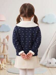 Girls' Korean Style Vintage Geometric Pattern Knit Cardigan With Peter Pan Collar And Open Front - Royal Blue - View 3