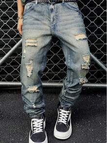 Herren Jeans Y2K Vintage Acid Wash Multi Ausgefranst Zerrissen Baggy Gerade Denim Hose Oversized Locker Skater Streetwear Lange Hose - Mittele Waschung - Übersicht 3