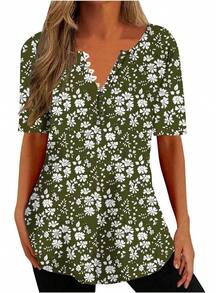 Ceboyel - Camisas Henley con estampado floral para mujer, cuello en V, sexy, casual, de manga corta, blusas elegantes para mujer - Azul Cielo#18 - Ver 30