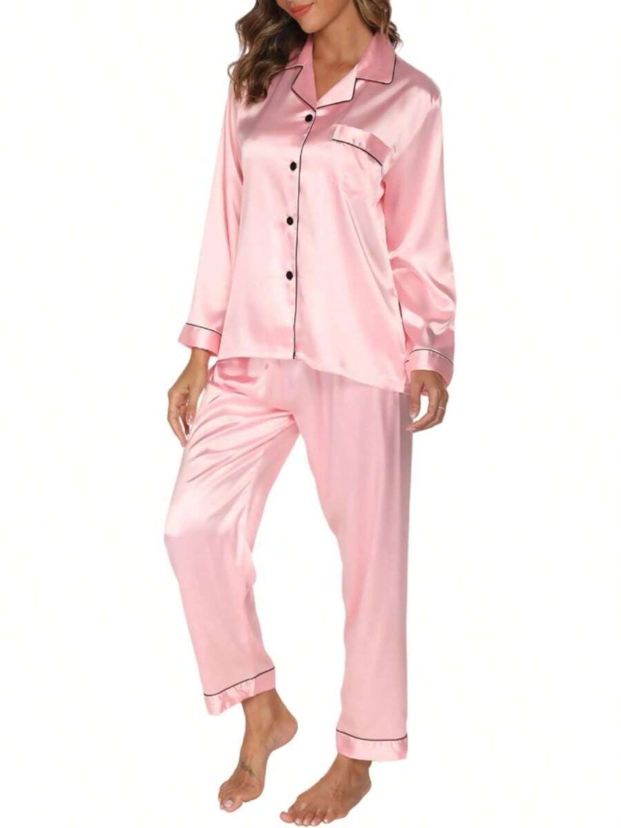 GAESHOW Conjunto de Pijamas de Mujer con Manga Larga de Satén Top Botones y Pantalones Pijama de Seda Ropa de Dormir - Rojo Vino Oscuro - Ver 1