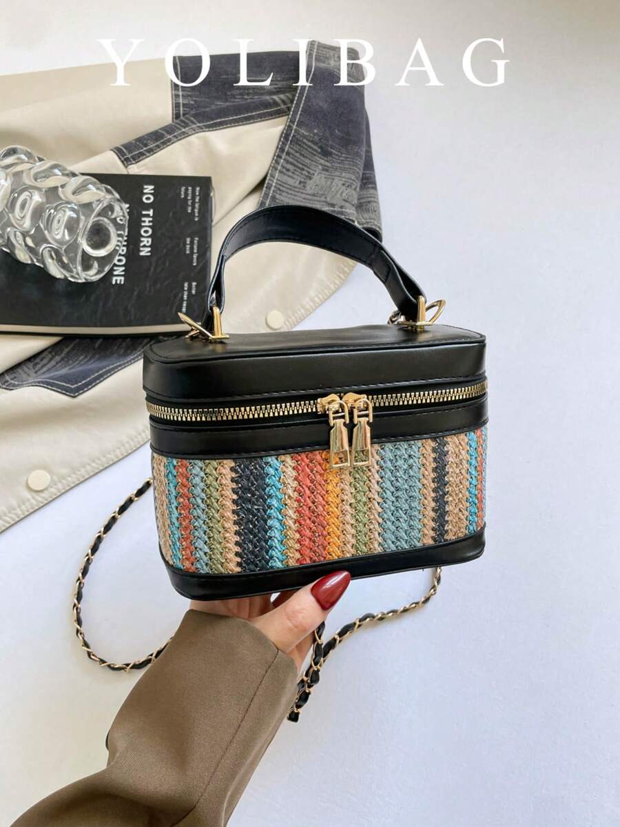 Bolso pequeño cuadrado con patrón tejido de colores contrastantes para mujer, nuevo 2026, estilo vintage, caja de maquillaje de mano, mini bolso bandolera con cadena