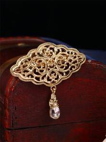 1pc Court Style Gold-Plated Women's Brooch With Hollow Carved Design And Artificial Gemstone Pendant, Wedding Holiday Jewelry Pin (Women's Small Brooch) - Multicolor - View 2