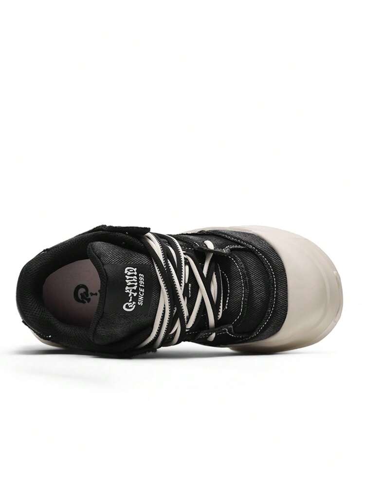 Q-AND Black Denim Round Toe Thick Sole Flat Casual Skate Shoes Men's 2026 New Street Low-Top Outdoor Sports Skateboard Shoes Unisex Non-Slip Sole Original Design Unique Style, Daily Sports Casual, Holiday Gift Choice - Water-washed Black - View 9