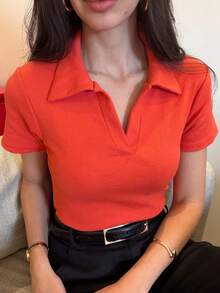Women's Casual Elegant Polo Neck Short Sleeve Cotton Fitted Blouse Ideal For Work Office Social Basic Knitwear Leisure - 珊瑚粉 - 查看 2