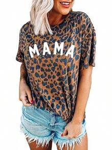 Camiseta de manga corta con estampado de leopardo para mujer, camiseta de mamá con estampado de guepardo. - Negro - Ver 10