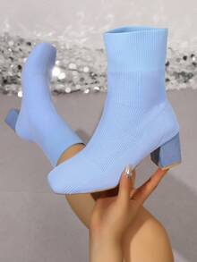 Women's Square Toe Chunky Heel Mid-Calf Boots, Autumn/Winter High Heel Boots, Elegant Versatile Style - Baby Blue - View 4