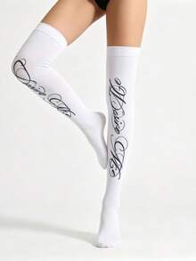 1 Pair Women's Velvet Printed Over-The-Knee Socks, Casual College Style, Fashionable And Versatile, Suitable For Daily College Style Outfits - White - View 6