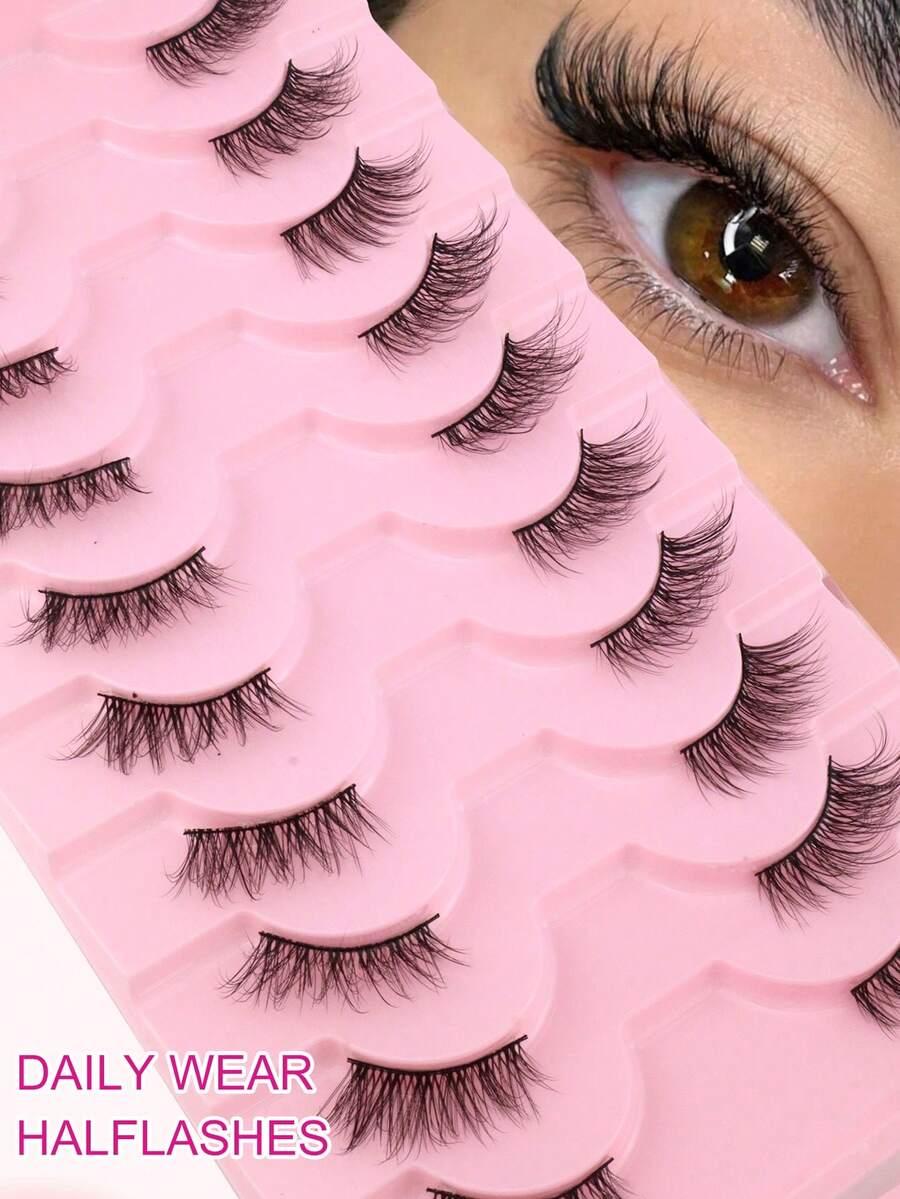 10 Pairs Half-Eye Dense Curly Soft Black Stem Natural Fluffy Faux Mink Eyelashes, Eye-Tail Lengthening, Lightweight Comfortable One-Piece False Eyelashes For Beginners - View 1