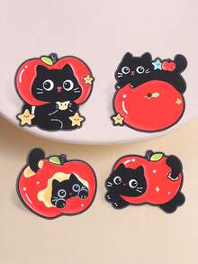 4pcs Cute Black Cat & Red Apple Enamel Brooch Set, Adorable Kitten Fruit Star Pins For Backpack, Straw Hat, Clothing Decoration Gift - Multicolor - View 2