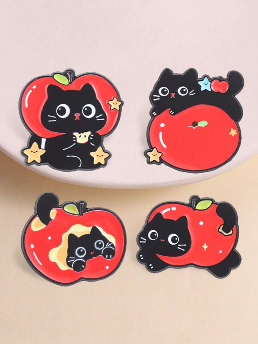 4pcs Cute Black Cat & Red Apple Enamel Brooch Set, Adorable Kitten Fruit Star Pins For Backpack, Straw Hat, Clothing Decoration Gift