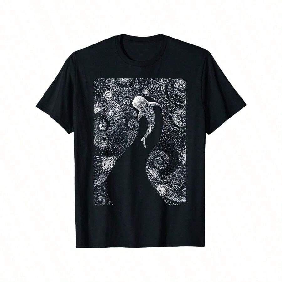 Camiseta con Estampado de Tiburón Ballena "Diving With Whale Sharks", Camiseta Casual y Cómoda para Hombre, Top de Manga Corta para Actividades Diarias de Verano - Negro - Ver 1