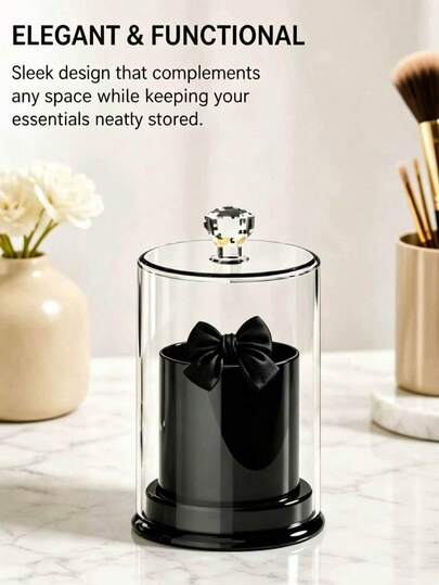 1pc Transparent Black Cotton Swab Storage Jar With Black Bow Decoration, Faceted Crystal Knob Lid, Detachable Inner Cup, Premium Acrylic Dust-Proof Vanity Storage Box, Luxury Aesthetic Cotton Pad Holder, Suitable For Bathroom, Bedroom And Home Decor