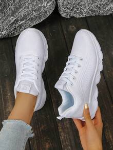 Sepatu Sneakers Kasual Wanita Warna Polos, Berbahan Jaring Bernapas, Bagian Depan Bertali, Sol Lembut, Serbaguna, Modis untuk Beraktivitas di Luar Rumah - Putih - View 5