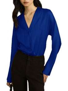 Blusa de seda con cuello en V para mujer, de manga larga, formal, brillante - Azul - Ver 8