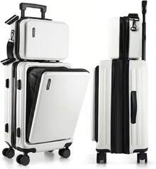 de 22 pulgadas (22x14x9), aprobada por aerolíneas, maleta de mano con ruedas, equipaje de mano de carcasa rígida, maleta pequeña azul marino, equipaje de mano rígido con bolsa de cosméticos. - Blanco - Ver 2