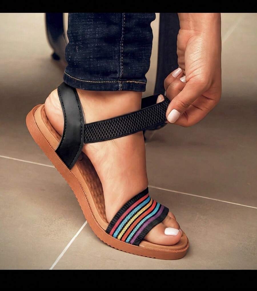 Flat Sandal With Elastic, Orthopedic, Beach, Vintage, Bohemian Style. - GOTAAA-黑色 - 查看 1