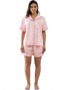 YiNi LuLu - Conjunto de pijama de satén de seda para mujer, 2 piezas, pijama de manga corta, de gran tamaño, con bolsillos - frasco de perfume - Ver 17