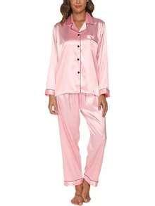 GAESHOW Conjunto de Pijamas de Mujer con Manga Larga de Satén Top Botones y Pantalones Pijama de Seda Ropa de Dormir - Rojo Vino Oscuro - Ver 6
