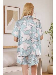 YiNi LuLu - Conjunto de pijama de satén de seda para mujer, 2 piezas, pijama de manga corta, de gran tamaño, con bolsillos - Amarillo (Crisantemo amarillo) - Ver 4