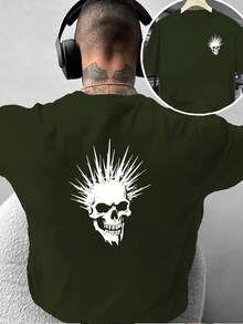 Camiseta de moda para hombre con diseño creativo de doble cara estampado de calaveras: estilo oscuro, genial y único, adecuada para uso diario casual en casa o para actividades de fitness - Negro - Ver 9