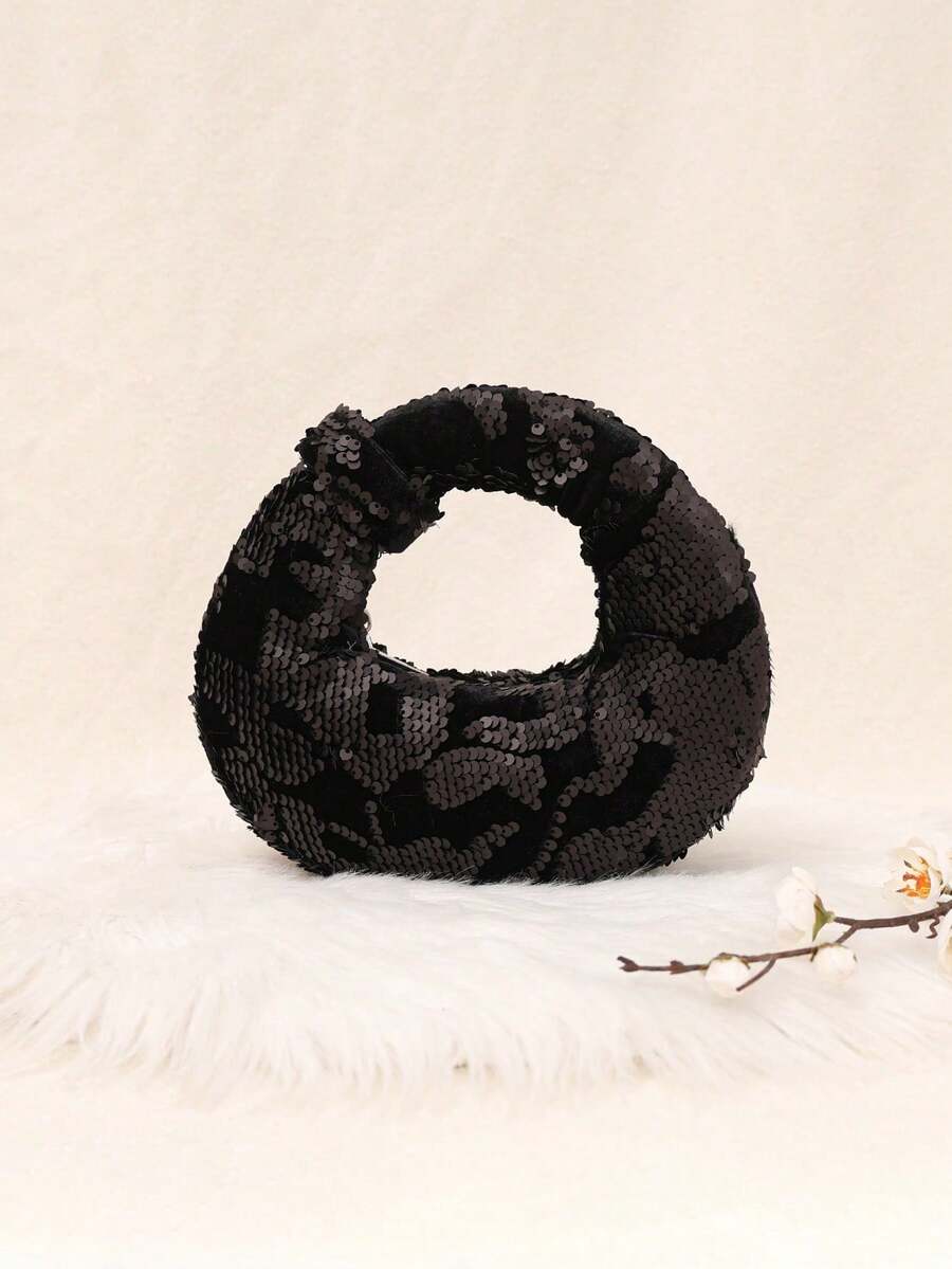 Mini Hobo Bag In A Crescent Shape, Fully Covered In Rhinestones, Integrated Circular Handle With Bow, Zipper, Various Colors, Women's Party, Wedding, Birthday Gift - 黑與白 - 查看 1
