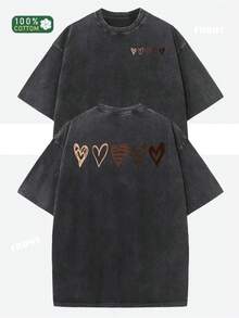 Camiseta Vintage para Hombre, 100% Lavada, de Tejido Grueso - Estilo Urbano Suave y Desgastado, con Estampado de Corazón Marrón, Corte Holgado y Oversize con Diseño de Hombros Caídos, Esenci - Negro - Ver 1