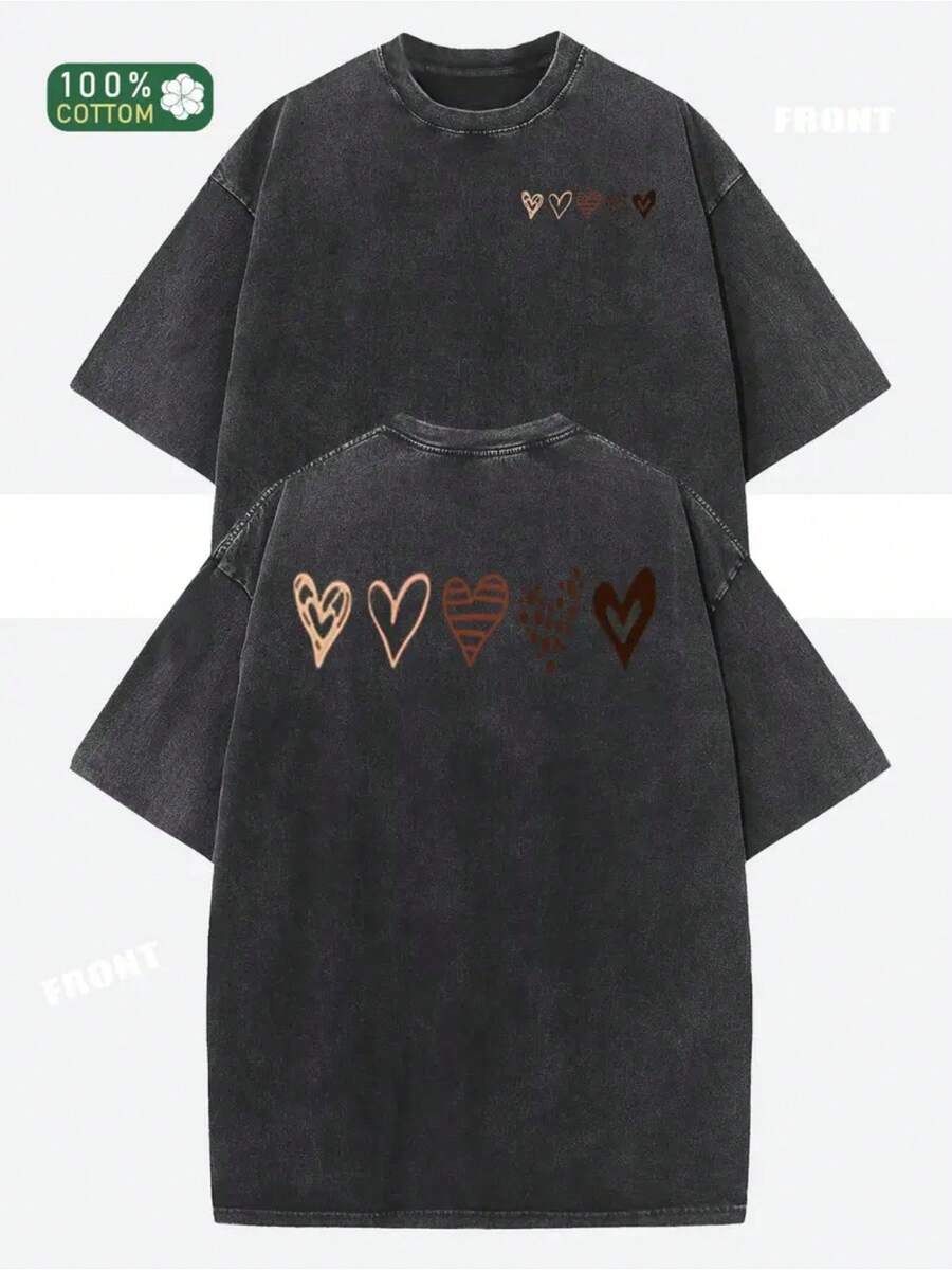 Camiseta Vintage para Hombre, 100% Lavada, de Tejido Grueso - Estilo Urbano Suave y Desgastado, con Estampado de Corazón Marrón, Corte Holgado y Oversize con Diseño de Hombros Caídos, Esenci - Negro - Ver 1