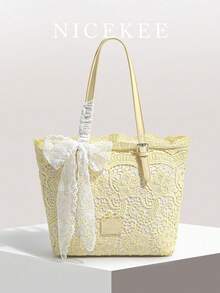 Bolso tote de encaje calado gran capacidad asa de piel regulable lazo de encaje desmontable varios colores mujer diario playa viaje vacaciones regalo - Amarillo - Ver 1