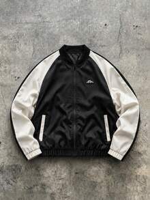 American Retro Minimalist Men's Full Zip Ribbed Cuff Aviator Jacket, Black And White Contrast Color Mountain Logo Detail Flight Jacket - Black - View 3
