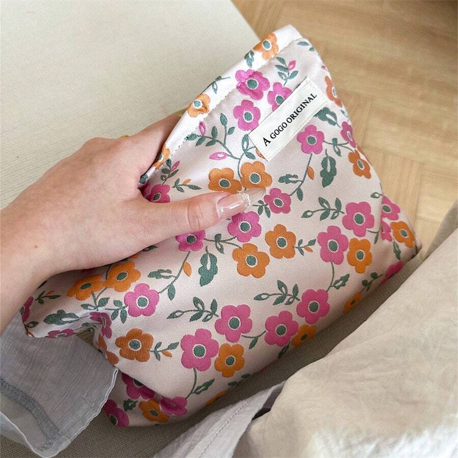 AGG 舒緩小花大容量女用化妝包,橘粉色內袋,便攜旅行盥洗包,手提包,多功能保養品收納袋,女性衛生棉收納袋,送給媽媽或女友的禮物,學生筆袋 - 彩色 - 查看 1