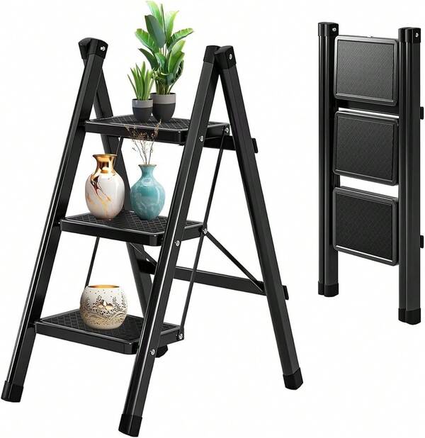 Escalera De Tijera De 3 PeldañOs, Escalera Multiusos Y Decorativa, Organizador De Espacios De Acero Y Recubrimiento Antipolvo, Medidas: 55 X 47 X 80 Cm, Con Base Antideslizante
