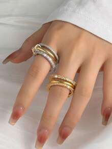1pc Luxury Fashion Hip-Hop Personalized Gold-Plated Buckle Full Cubic Zirconia Stacked Linked Finger Ring, Suitable For Women's Daily Commute And Party Holiday Wear - Three-layer Stacked Rings - View 4