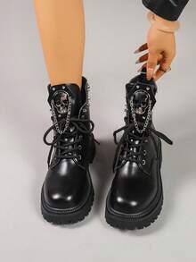Sepatu Bot Wanita Motif Tengkorak Gaya Gelap, Sol Tebal, Sepatu Bot Motor Punk Bertali Keling untuk Menambah Tinggi Badan, Setengah Betis - Hitam - View 3