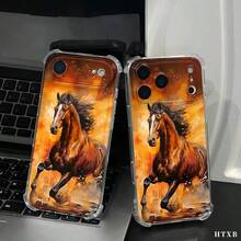 Funda para teléfono con patrón Caballos marrones galopan sobre los lomos de llamas de color naranja amarillento., compatible con iPhone 17, 16, 15, 14, 13, 12, 11 Pro Max, Plus,  S y A,  Redmi POCO  OPPO Honor. Diseño ligero, antideslizante y a prueba de golpes. - transparente - Ver 1
