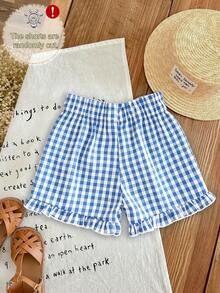 Setelan 2pcs Atasan dan Celana Pendek Kotak-kotak Motif Kreatif untuk Anak Perempuan Remaja, Motif Kotak-kotak Kartun Lucu, Cocok untuk Pakaian Sehari-hari Musim Semi/Panas, Musim Kembali ke Sekolah, Liburan Musim Panas, Perjalanan, dan Aktivitas Luar Ruangan - Baby Blue - View 7