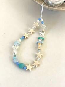 Fresh Sea Salt Blue & White Wooden Star Phone Lanyard, Cartoon Fish & Puppy 3D Beaded Design, Gentle Healing Ins Niche Style Handmade Beaded Wrist Strap, Compatible With Various Phone Cases, Bluetooth Earphones, Keys, Bag Charms, Lightweight & Comfortable, Summer Vibe Accessory, Versatile For Girls' Daily Wear, Exquisite & Cute Gift, Minimalist Ocean Style Decorative Charm - Baby Blue - View 5