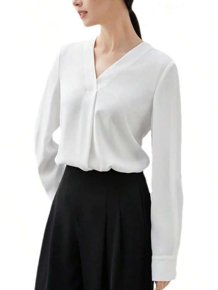 Blusa holgada formal con cuello en V y manga larga para mujer, con pliegues de negocios - azul claro - Añade 13