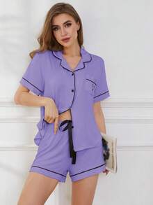 Conjunto de pijama para mujer, cuello con solapa, manga corta, top con bolsillo en el pecho y pantalones cortos con cintura elástica, 2 piezas, ropa de dormir para mujer. - LW41-Morado - Ver 5