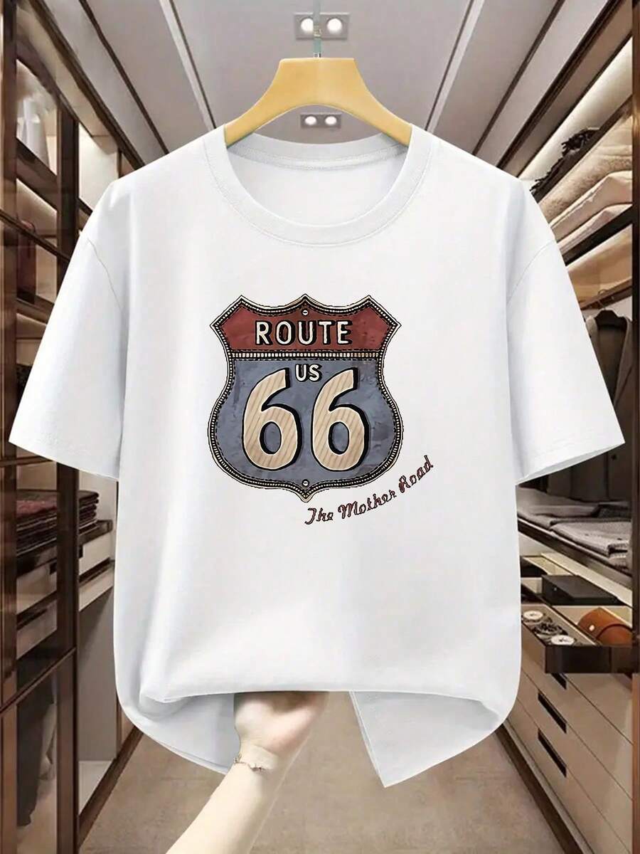Men's T-Shirt 100% Cotton Route US 66 Graphic T-Shirt Comfortable Short Sleeve Shirt For Summer, PLUS SIZE Daily Casual Round Neck Short - White - View 1