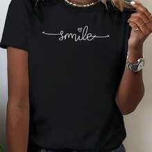 Blusa de Verano de Algodón Puro Negra Cuello Redondo Manga Corta Estampado de Letras Cursivas y Corazón en Blanco Top Casual Cómodo Lavable a Máquina Regalo para el Día de la Madre camisas d - Negro - Ver 6