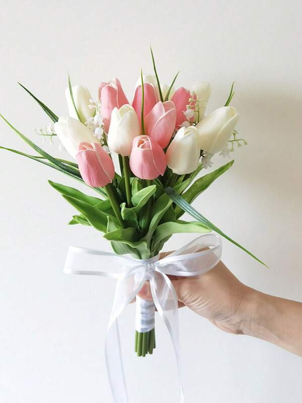 1pc Wedding Bouquet White Pink Tulip & Calla Lily Artificial Calla Lily Holding Flower Bouquet Bridal Wedding Bouquet Wedding Photography Prop Party Ceremony Anniversary Bridesmaid Gift