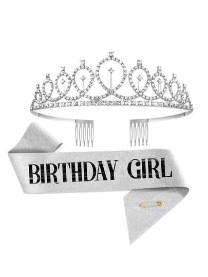 1 Set Silver Birthday Girl Sash Rhinestone Crown Headband Set Birthday Party Accessories
