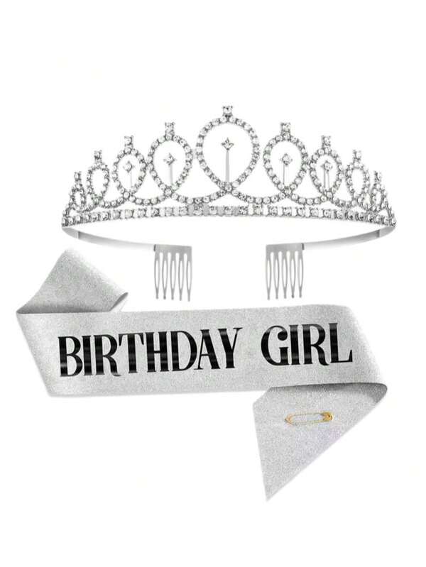 1 Set Silver Birthday Girl Sash Rhinestone Crown Headband Set Birthday Party Accessories