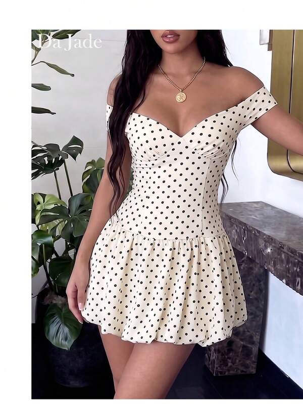 Da Jade Women White Big Polka Dot Mini Dress Off Shoulder Thin Strap Ruched Front Double Layer Ruffle Hem Light Chiffon Summer Beach Vacation Dress