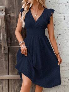 New Plus Size Summer Dress For Women: Elegant, With A Figure-Flattering V-Neck And Ruffled Sleeves. - Navy Blue - View 3
