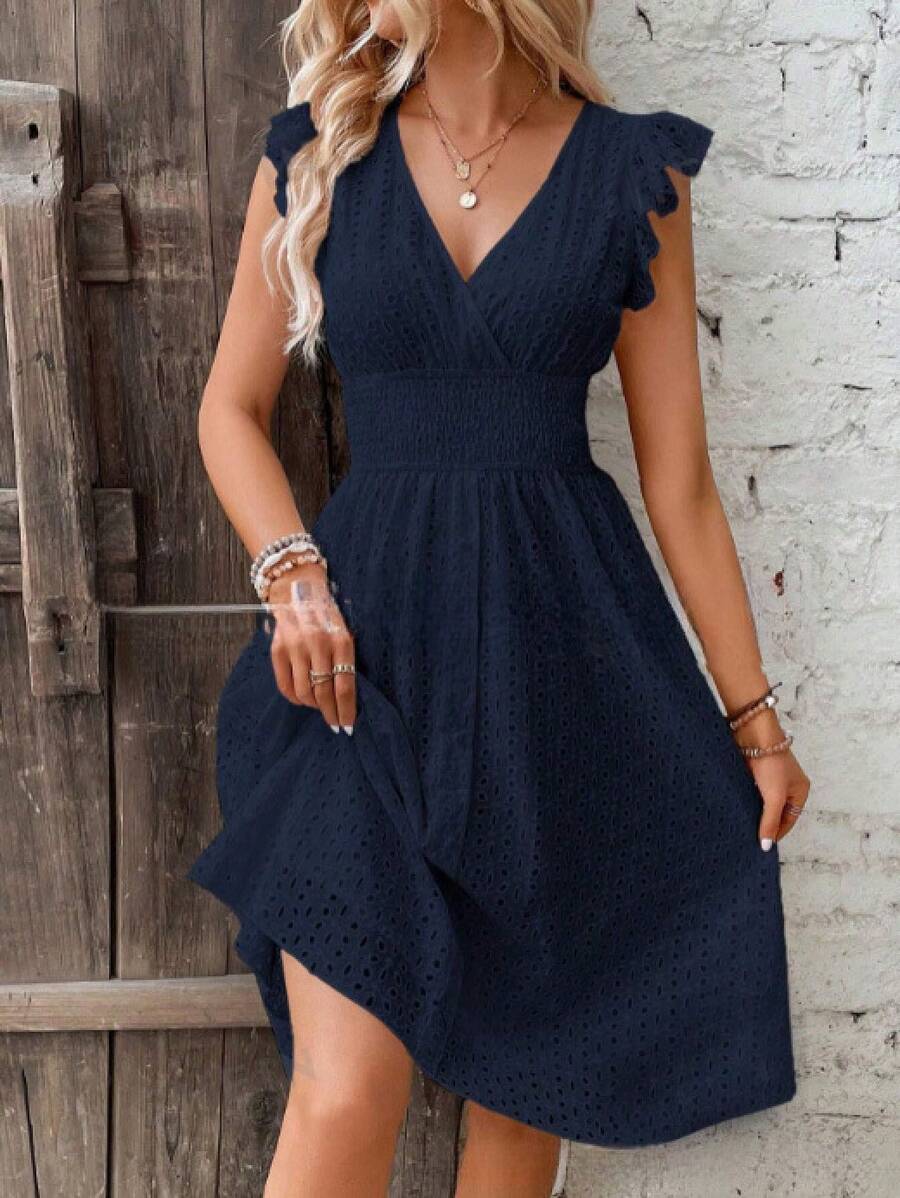 New Plus Size Summer Dress For Women: Elegant, With A Figure-Flattering V-Neck And Ruffled Sleeves. - Navy Blue - View 1